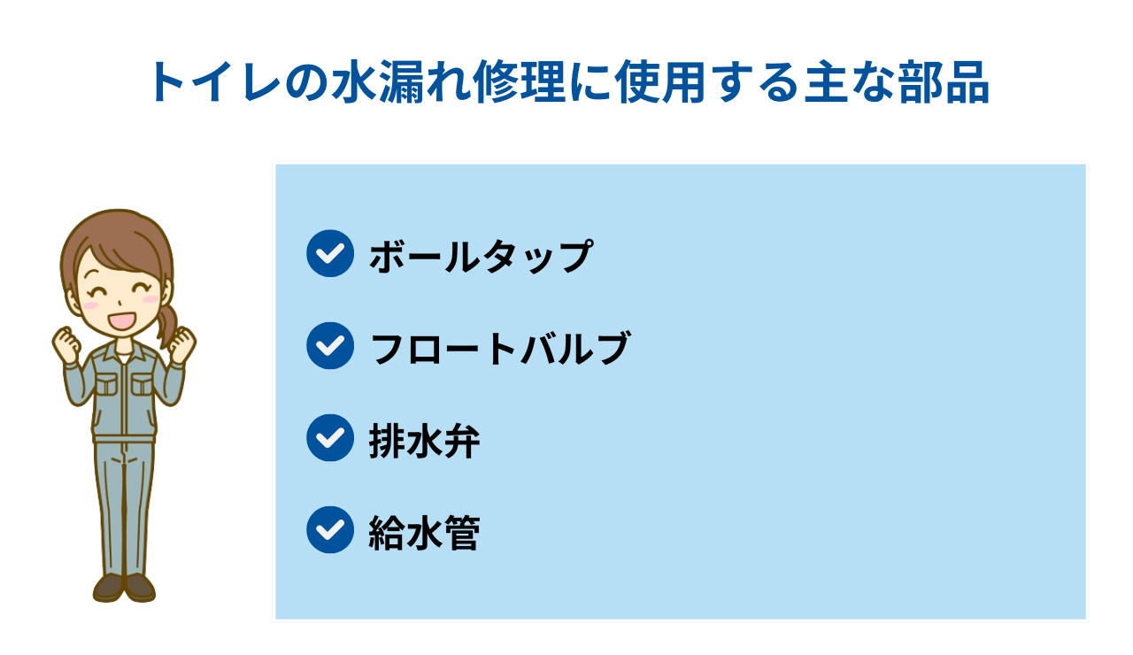 トイレの水漏れ修理に使用する主な部品